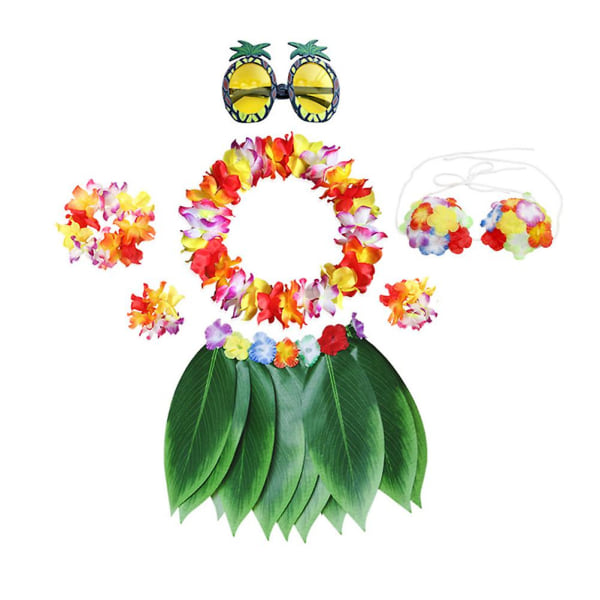 1 sett Hawaiian festfarget kostymesett kunstig bladgress skjørt Armbånd Pannebånd Plast BH Assorted Color 7pcs adult