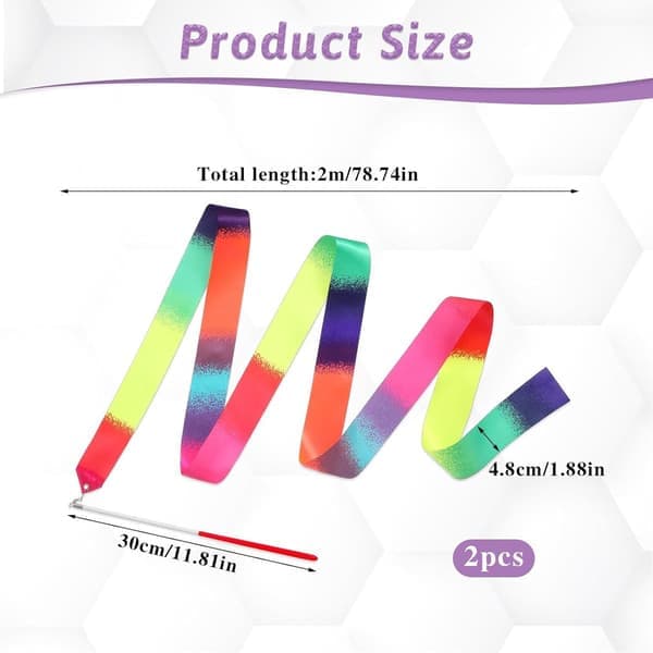 2 Pieces - Ribbon Dance Spinners 2m Rainbow Ribbon 30cm Long Stick Rhythmic Gymnastics Ribbons for Artistic Flags, Talent Shows and Training