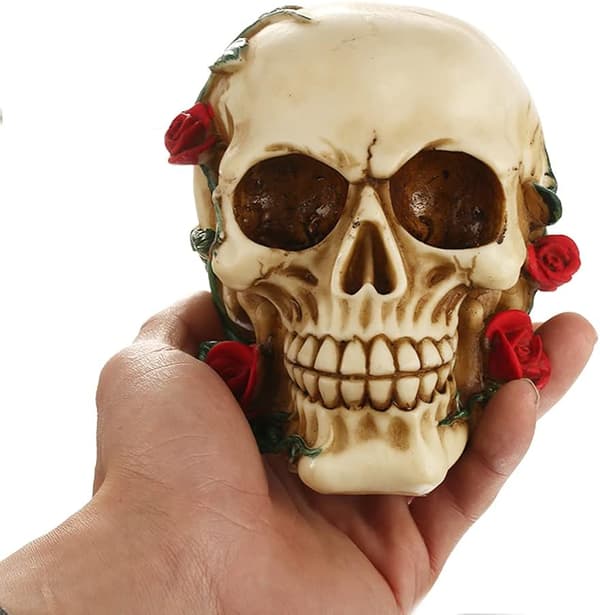 Human Skull with Rose Resin Statue Small Size Head Sculpture