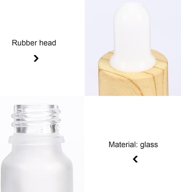 4 st 15 ml frostade påfyllningsbara eteriska oljeflaskor i glas med dropplock med träådring för resor och kosmetisk underförpackning