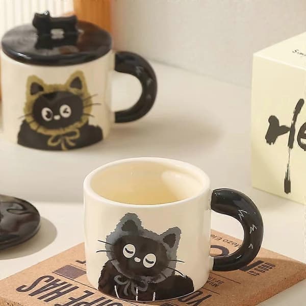 Söt kattkeramisk mugg med lock, resminne, examen, festpresent, affärspresent, par, kollega 360 ml
