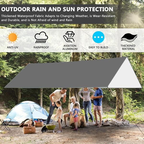 This 3x3 meter waterproof camping tarp is UV protected. It includes 6 tent pegs and 6 ropes. grey grey