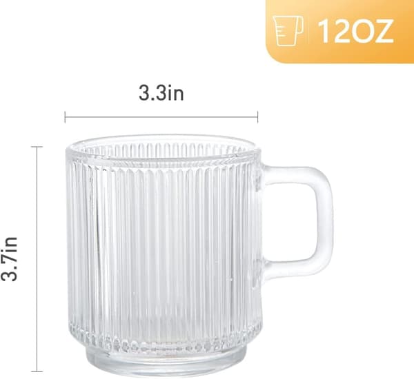 6-pack, 350 ml - Glass Coffee Mugs with Handle, Classic Vertical Stripes Tea Cup, Transparent Tea Cups for Hot/Cold Drinks.