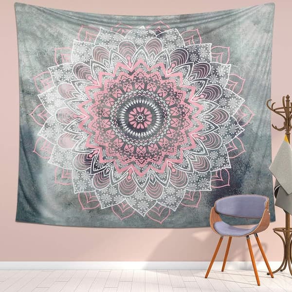 1. harmaa ja vaaleanpunainen kukka Mandala seinävaate, boheemi