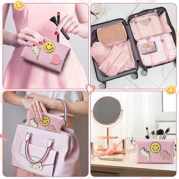 Preppy Patch Liten Toaletväska Leende Blixt Hjärta PU-Läder Bärbar Vattentät Makeup Kosmetikväska Daglig Användning Förvaring Väska Resa Organiserare Comp