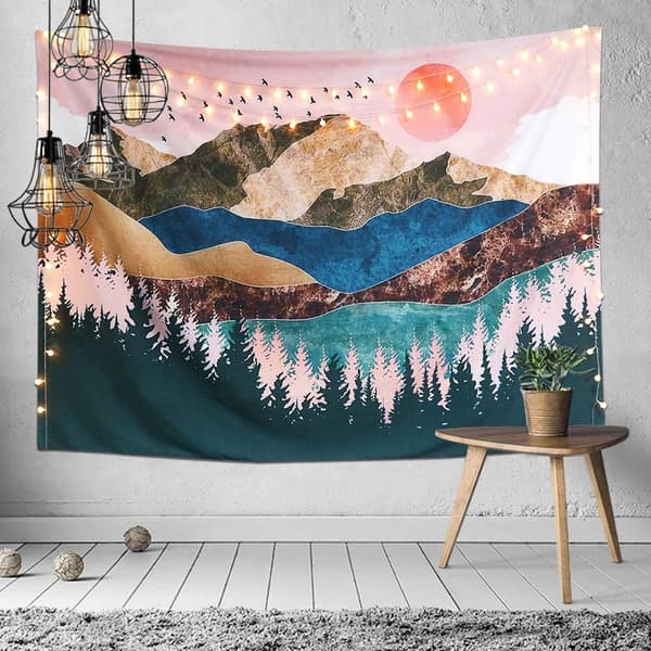 1. auringonlaskun seinävaate, metsäpuut, vuoret, psykedeelinen luonto
