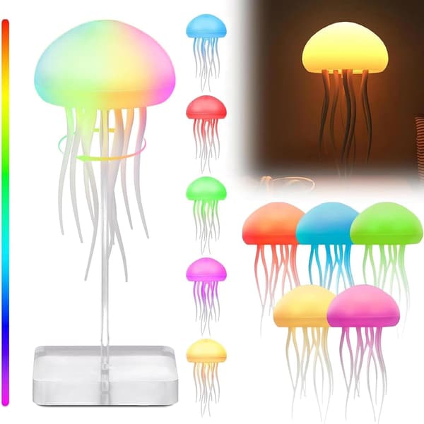 Bordlampe med RGB-gradientbelysning, animerte ben og berøringssensor, egnet for soverom og stue.