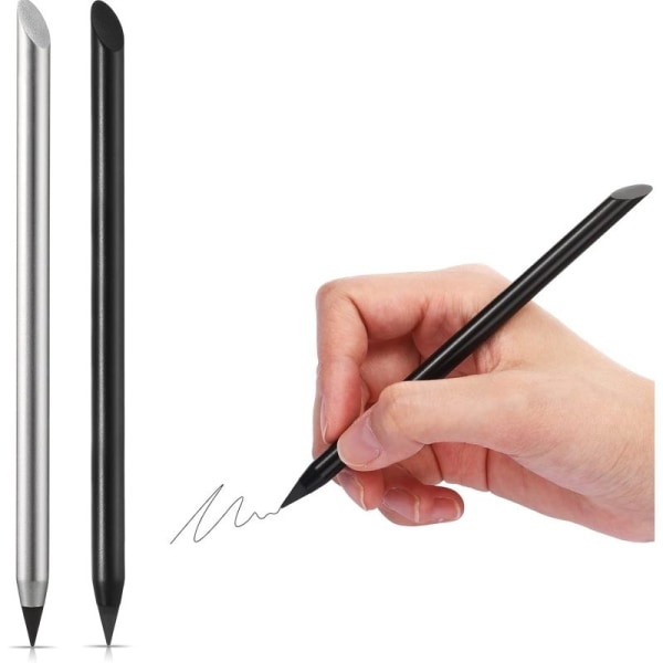 2 kpl Metallinen musteton kynä Inkless pyyhittävä lyijykynä Metallinen lyijykynä alumiininen lyijykynä kirjoittamiseen, piirtämiseen (musta ja hopea)