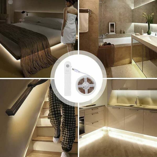 2M LED Strip with Motion Sensor, 120 LED Lights, Dimmable, Battery Operated, Self-Adhesive, for Kitchen, Cabinet