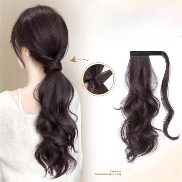 Brown-Black Low Ponytail Wig - Self-Twisting Hair Extension with Magic Tape, Seamless Blend