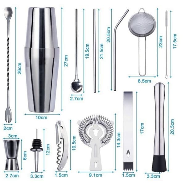 Boston 20-dele Cocktail Shaker Sæt - Perfekt Bartender Kit til Hjemmebrug, Rustfrit Stål, Sølv