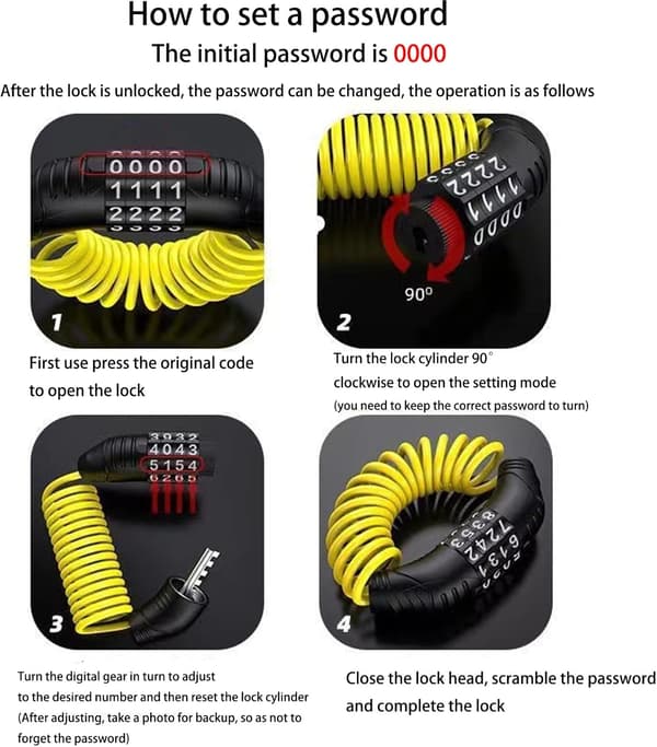 2 stk Hjelmlåskabel Lett kombinasjonslås med 3-sifret kode 150 cm lang svart