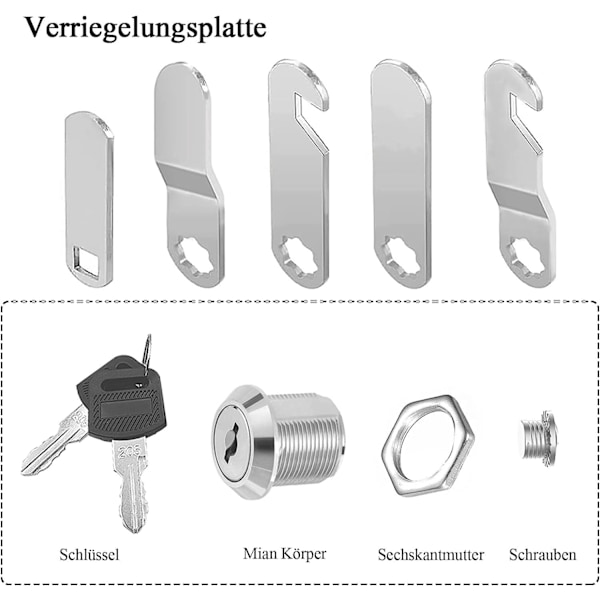 16 mm mailbox lock with 4 keys - Supplied with 5 different lock plates, lever lock for mailboxes