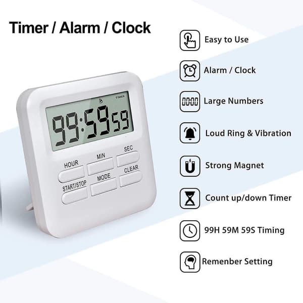 Digital timer med 3-i-1 klocka/alarmfunktion, magnetisk kökstimer, nedräkningstimer, kök-/studie-/sporttidsstyrning (vit)