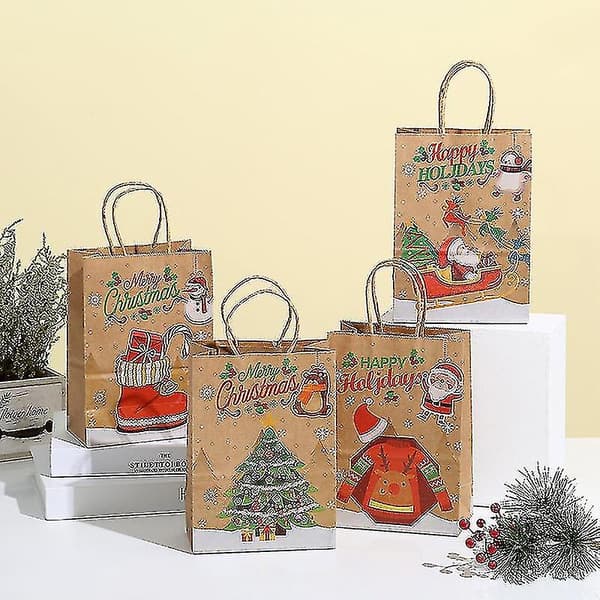 24-pack julklappspåsar i kraftpapper, 4 olika stilar, papperspåsar med handtag, julklapp