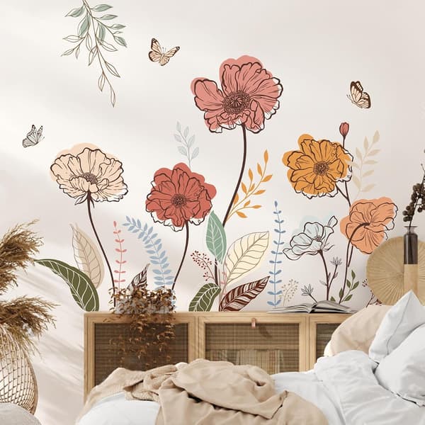 Boho Blomsterväggdekaler Vildblomma Blommig Gräs Skala och Fäst Väggkonst Dekaler för Vardagsrum Sovrum TV-vägg