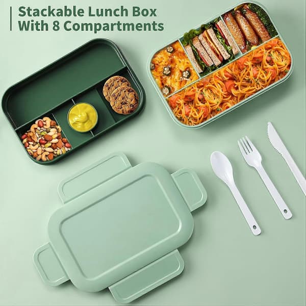 Bento Box Lunch Boxes, 2000ml Large Bento Lunch Box for Adults Kids, Stackable Japanese Lunch Box with 8 Compartments, Leakproof Meal Prep (Green)
