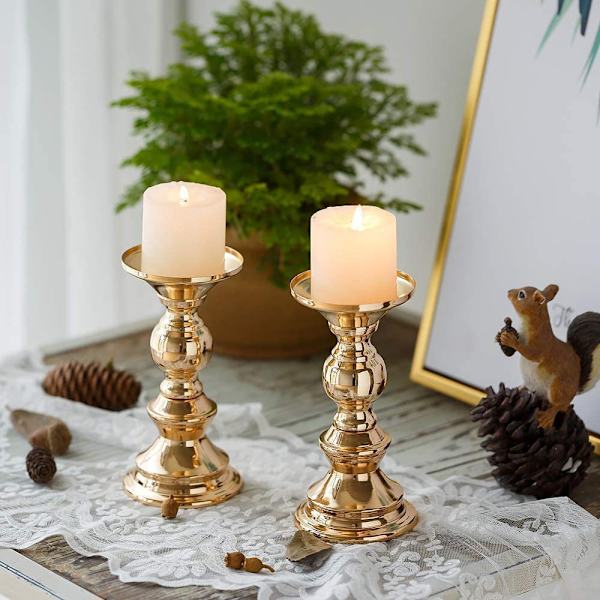 2 stk. Gull Søyle Lysestaker, Ideelle for Lys, Gaver til Bryllup, Fester, Hjem, Spa, Reiki, Lys (2-pakning)