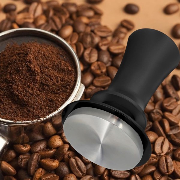 53mm Espresso Tamper, Flad Bund i Rustfrit Stål, Kaffepresser med Kalibreret Fjeder (Sort)