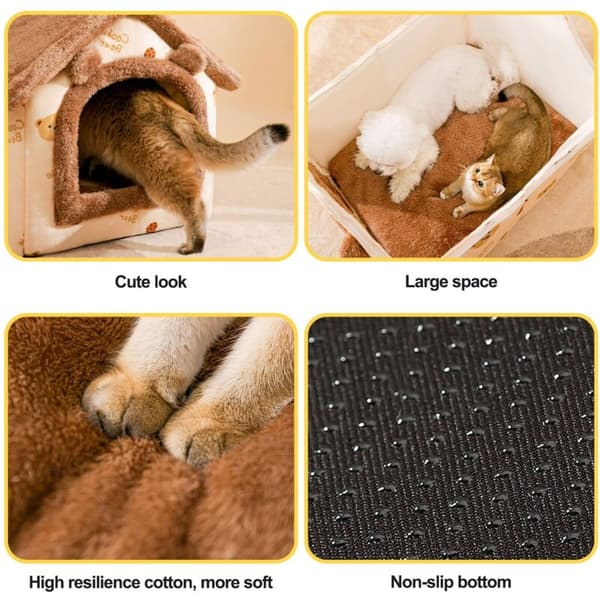 Cat and Dog Cave. Warm Plush Igloo. Foldable and Comfortable House. Non-slip Bottom (S. Brown Bear)