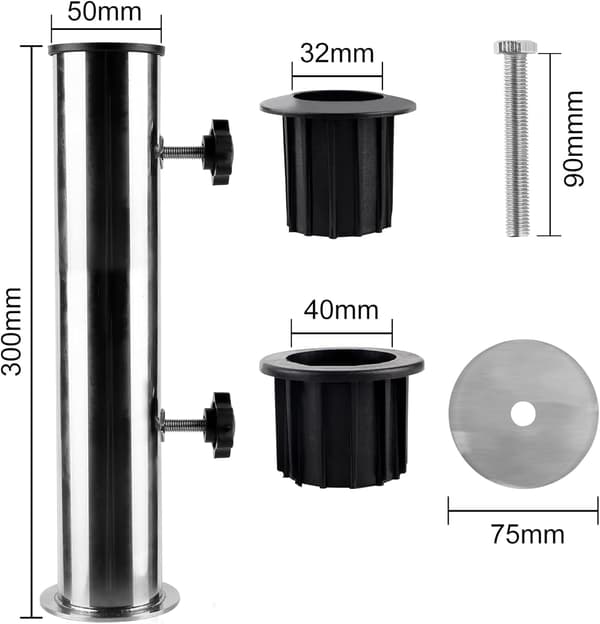 Parasolfod Parasolfæste Ø50 Rustfrit Stål Parasoltilbehør med 2 PVC Reduceringsringe Ø32 40mm