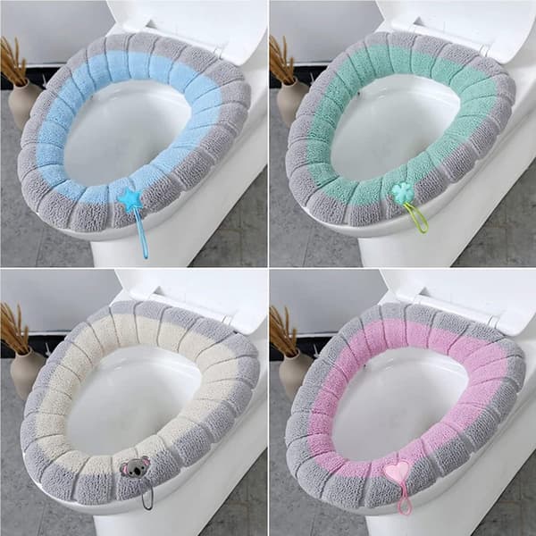 Thickened Soft Toilet Seat Cover with Handle, Stretchable Washable, Fits Oval, 4 Pieces