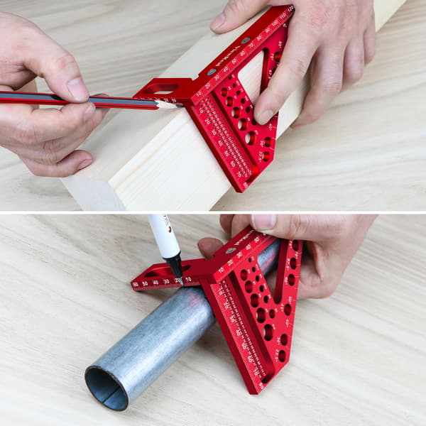 Metrisk alsidig tømrervinkel med vinkelstift, aluminiumslegering 22,5-90 grader, centimetergradering (rød)