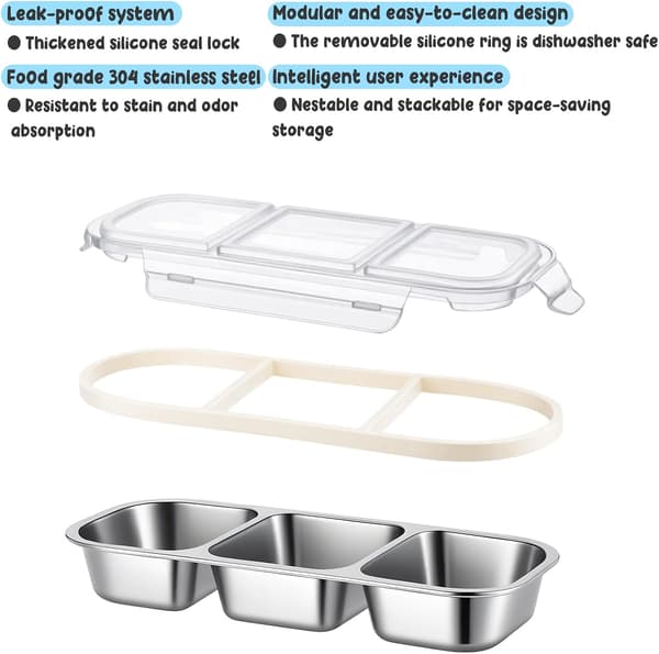 2-pack Stainless Steel Snack Boxes, 2 and 3 Compartment Bento Snack Boxes, Leak-Proof Sauce Boxes, Metal Bento Boxes