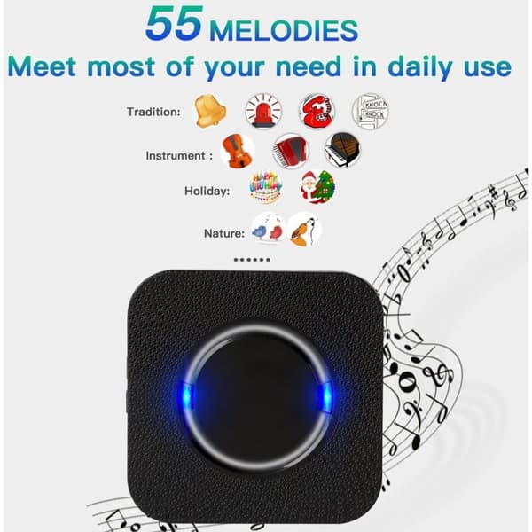 Wireless Doorbell, IP55 Waterproof, 300m Range, 55 Customizable Melodies, 5 Volume Levels, Quick Wireless Installation