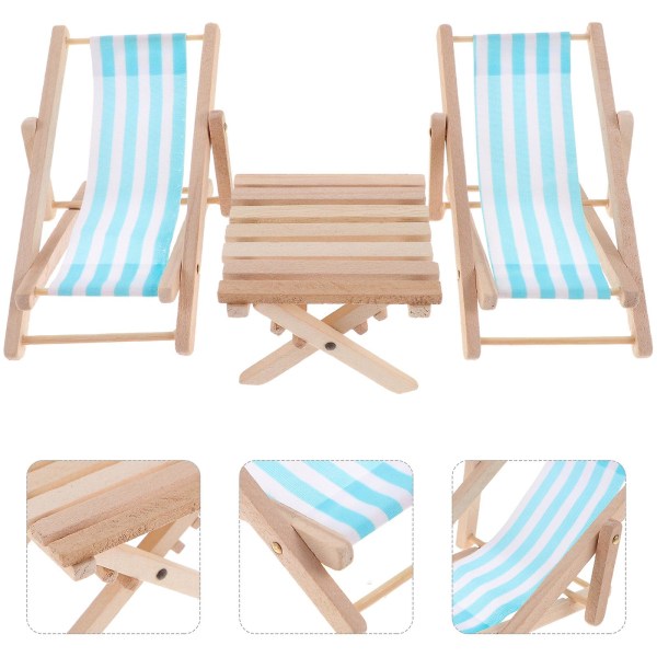 3 stk. Dukkehustands Miniature Strandstole Mini Lounge Stol Foldbar Bord Ornament Blå 11x5cm Blue 11x5cm