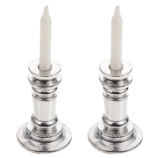 2 stk Hjemmedekor Mikrolandskap Ornament Simulert Lysestake Leke Miniatyr Lysestaker Miniatyr Silver 1.2X1.2X4CM