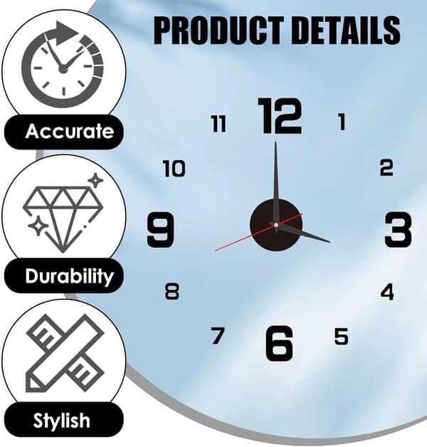 Large 3D Wall Clock, 40 cm, Silent, Self-Adhesive, Modern, Decorative, for Living Room, Kitchen, Bedroom, Office