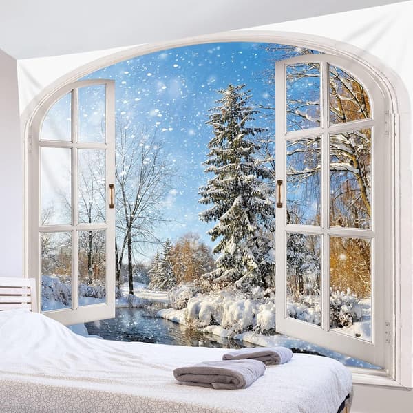 80Wx60H inch Winter Forest Tapestry Wall Hanging Window Outside S