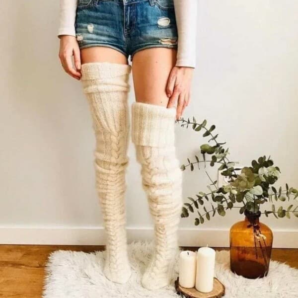 Warm Knitted Knee-High Socks Thigh High White white white