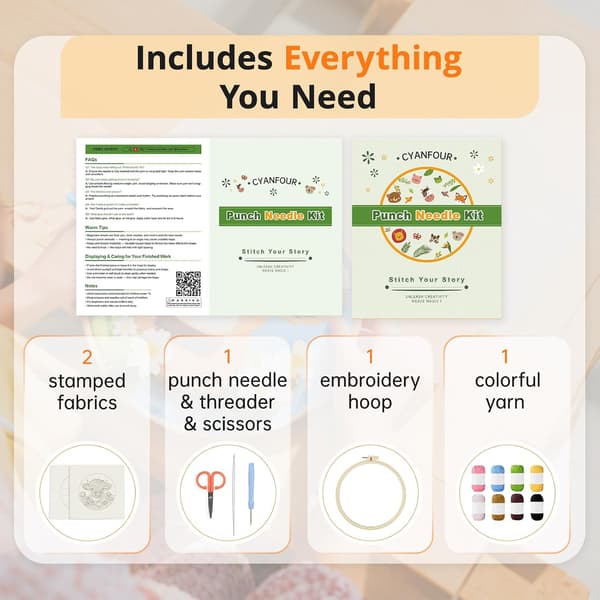 Punch Needle Kit for Beginners, DIY Punch Needle Kit for Adult Beginners Includes 2 Pre-Printed Fabrics, Embroidery Hoop, Threads, Tools, Easy for Adults