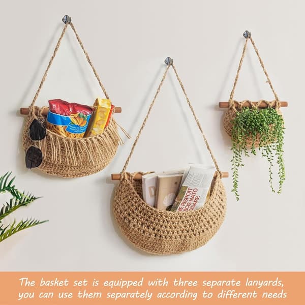 3-Tier Hanging Fruit and Vegetable Basket - Detachable Wall Net - Hand-Woven Jute Basket - Multifunctional Kitchen Rack