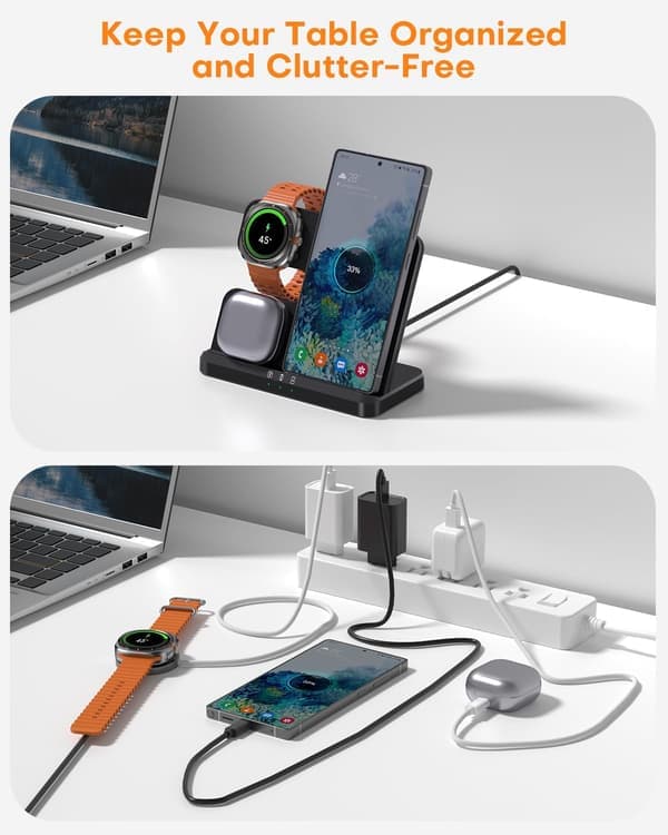 Trådløs oplader til Samsung ladestation: 3 i 1 Galaxy Watch-oplader, adapter inkluderet, sort