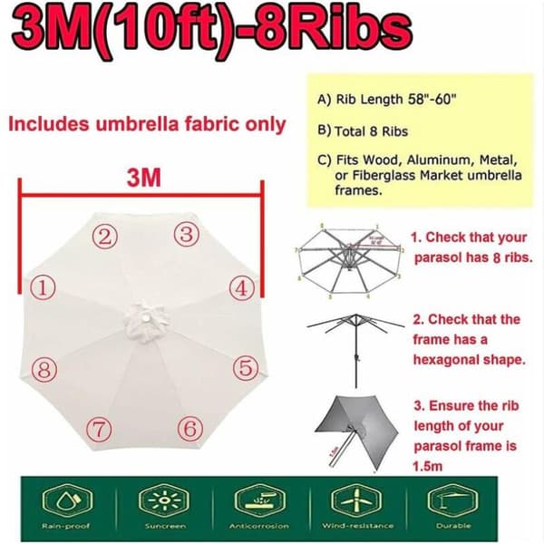 Replacement Cover for 8-Rib Umbrella, Replacement Umbrella Canopy, 3m / Round Replacement Canopy Fits an Umbrella - Red