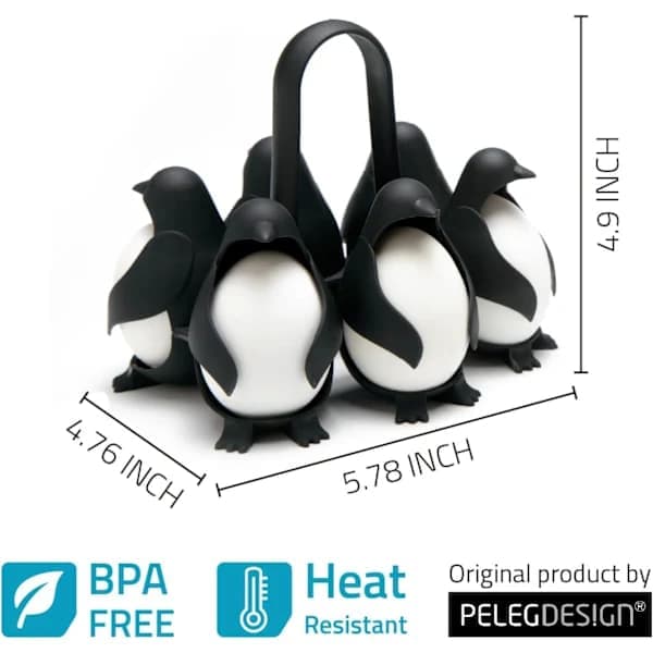 Penguin Egg Holder and Egg Cooker, 3-in-1 Storage and Serving Rack for Soft or Hard Boiled Eggs, Holds 6 Eggs, Black