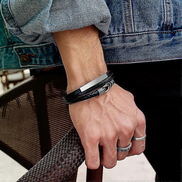 Flettet læderarmbånd til mænd sort