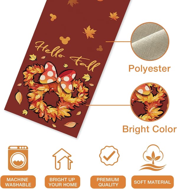 Autumn Cartoon Mouse Wreath Table Runner, White Fall Maple Leaf Kitchen Dining Table Decoration, 13 x 72 Inch, Autumn-Red