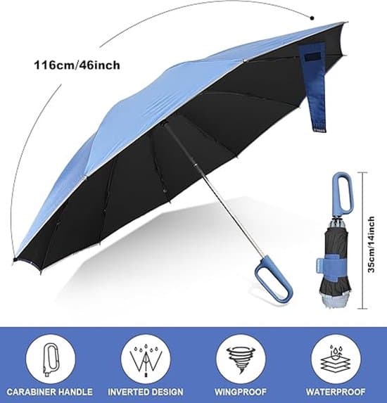Inverted Umbrella with Carabiner Handle - Compact & Windproof - Sun & Rain Protection - Portable & Foldable - 10 Ribs - Unisex - 1 Piece