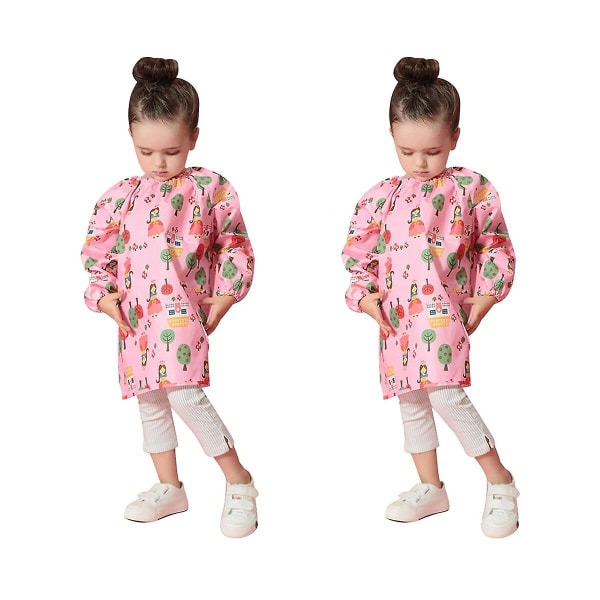 3pcs Pink Printing Waterproof Painting Apron Long-sleeve Drawing Art Smock Protective Clothes For Ch