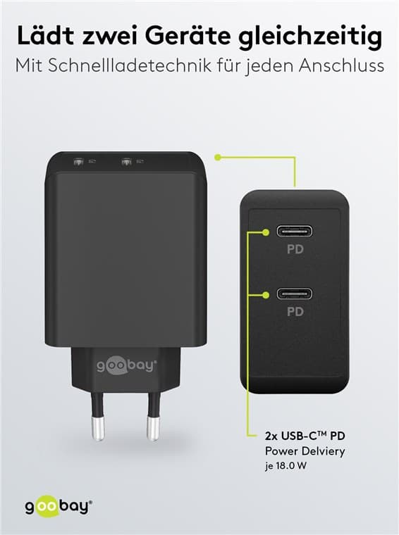 USB-C™ PD dobbel hurtiglader (36 W) svart Svart