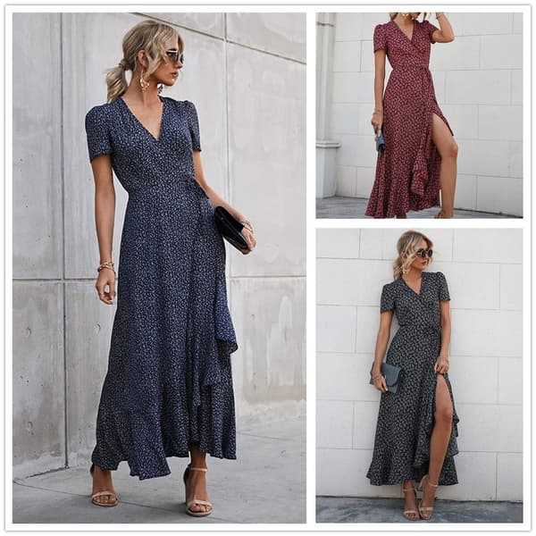 Sommer Maxikjole for Kvinner, Uformell Boho Blomstret V-hals Kortermet