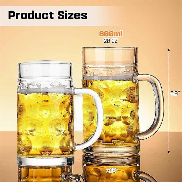 Beer Glass with Handle, Clear Large Beer Mug Set for Beer, Tea or Coffee, Thick Bottom, 590 ml