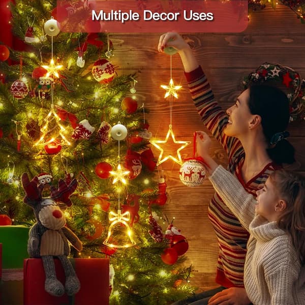 wxsp Christmas Window Lights Decorations, 3pcs Tree-Bell-Star Shaped Christmas Lights Battery Operated with Suction Cups & Timer, Hanging String