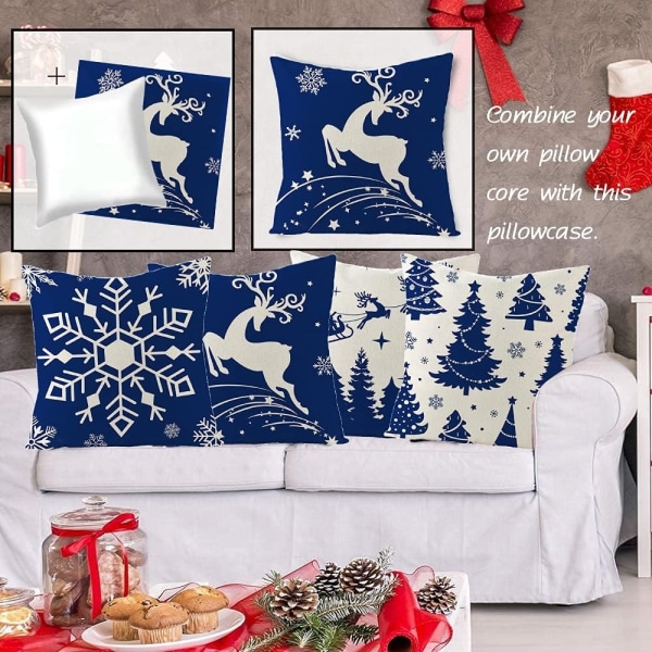 Set of 4 Santa Claus Cotton Linen Christmas Cushion Covers 45 x 45 cm