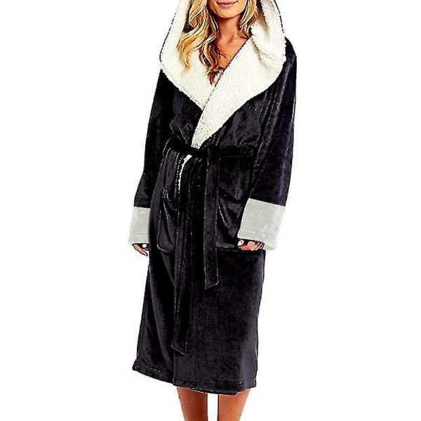 Sherpa Fleece Badrocka Kvinna Mjuk Dressing Gown Huvad Fluffy Handduk Badrocka XL Svart XL Black