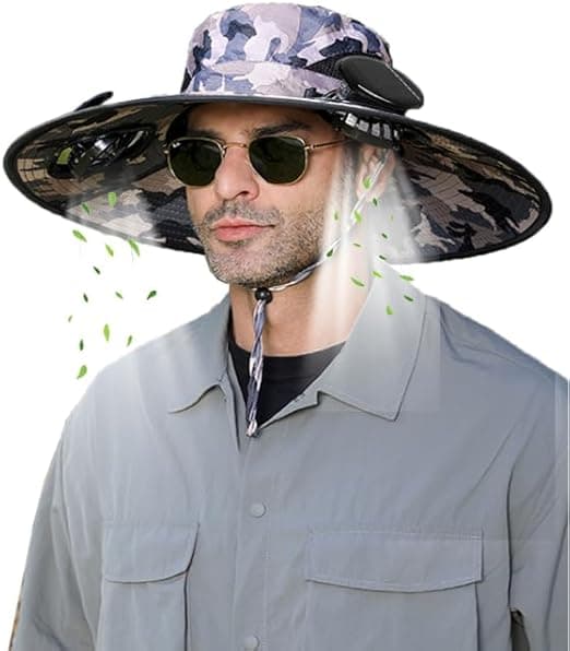 Solhat med ventilator, Solar ventilatorhat til mænd og kvinder, 2 Solar ventilatorer Sol og USB-opladning Solar Stråhat med ventilator (Camo)